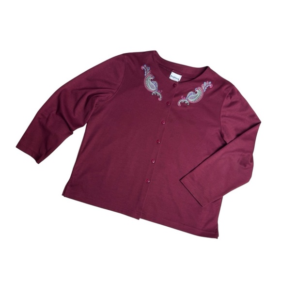 Vintage BonWorth Burgundy Embroidered Paisley Boho Cottagecore Cardigan Large - Picture 8 of 12